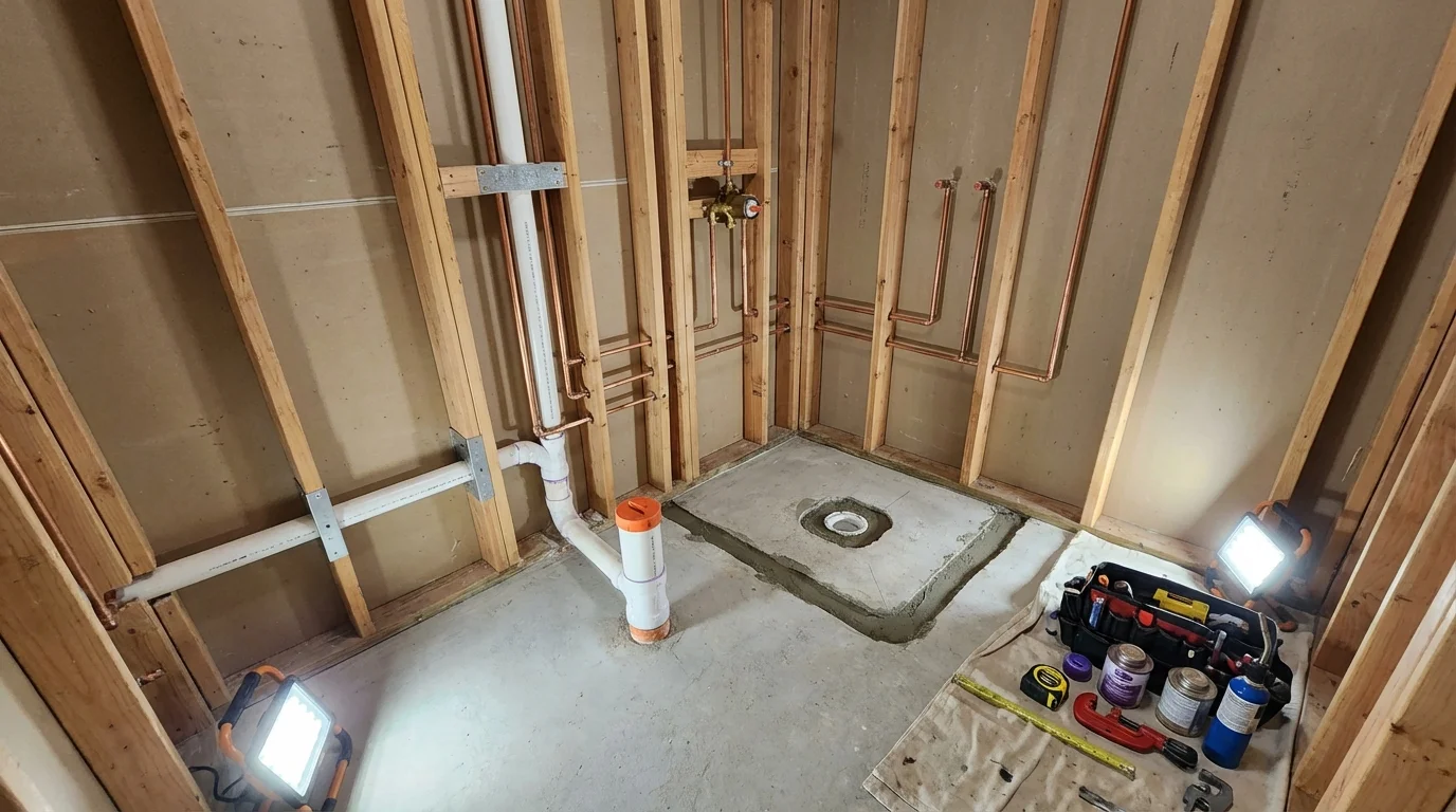 Bathroom rough-in plumbing during remodel by Johns Plumbing LLC in North Versailles