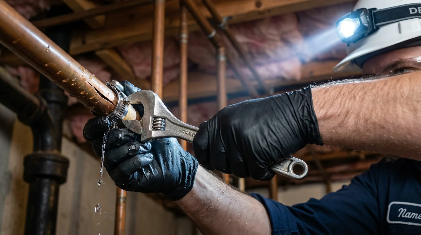 Emergency pipe clamp repair being performed by a Johns Plumbing LLC plumber in North Versailles