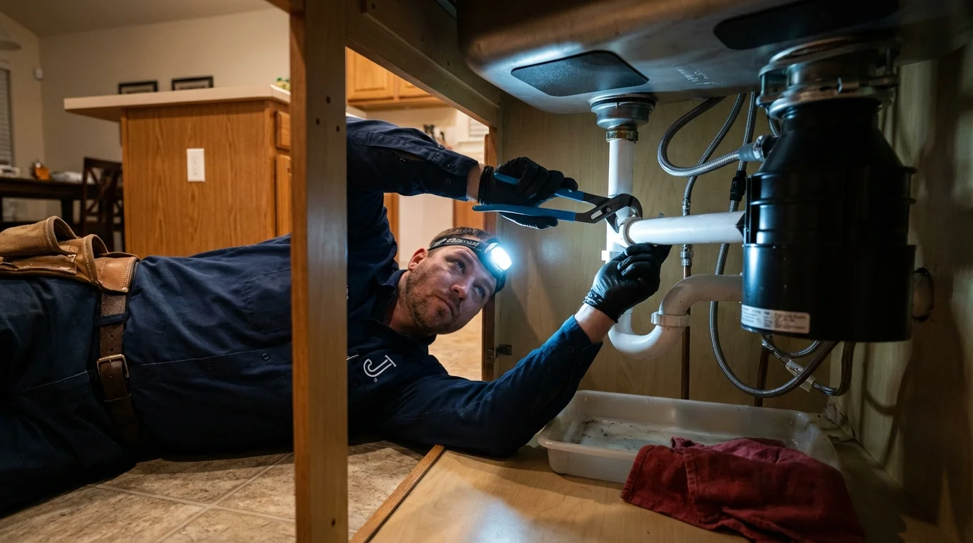 P-trap and supply line connections under a kitchen sink showing a common leak point in North Versailles, PA